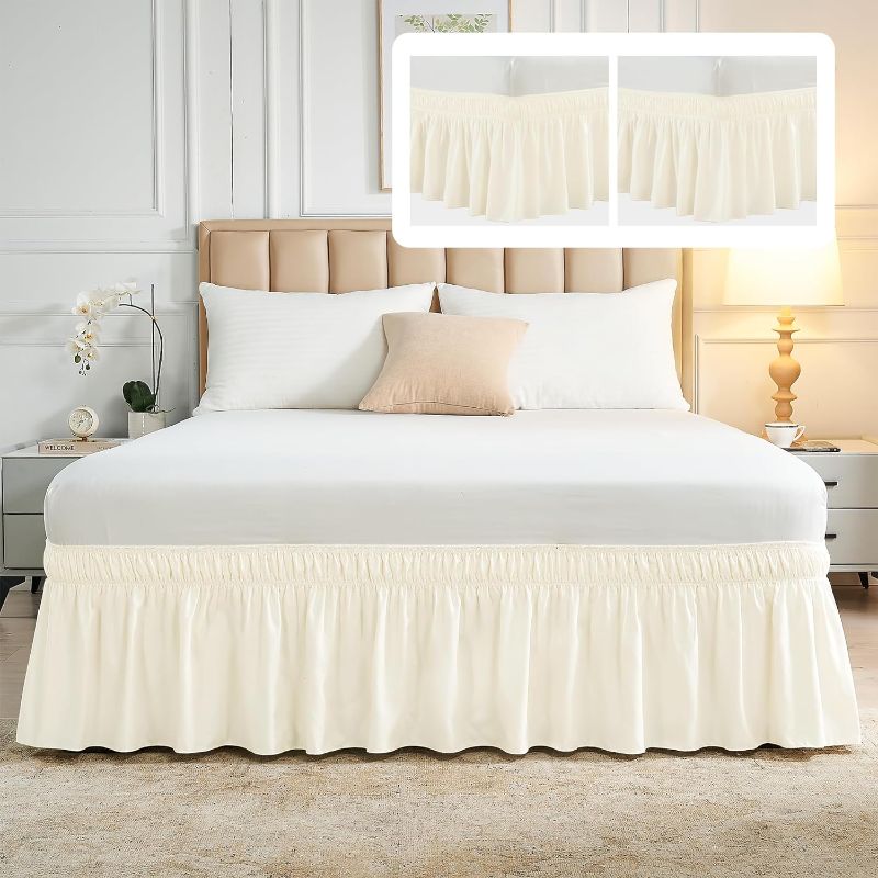 Photo 1 of 2 Pack Queen/King Bed Skirt 18 Inch Drop-Wrap Around Bed Skirts with Adjustable Elastic Belt, Lightweight Wrinkle Free Ivory Dust Ruffles Easy Fit, Machine Washable Soft Fabric Bed Skirt
