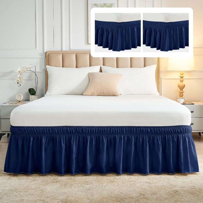 Photo 1 of 2 Pack Queen/King Bed Skirt 18 Inch Drop-Wrap Around Bed Skirts with Adjustable Elastic Belt, Lightweight Wrinkle Free Navy Dust Ruffles Easy Fit, Machine Washable Soft Fabric Bed Skirt
