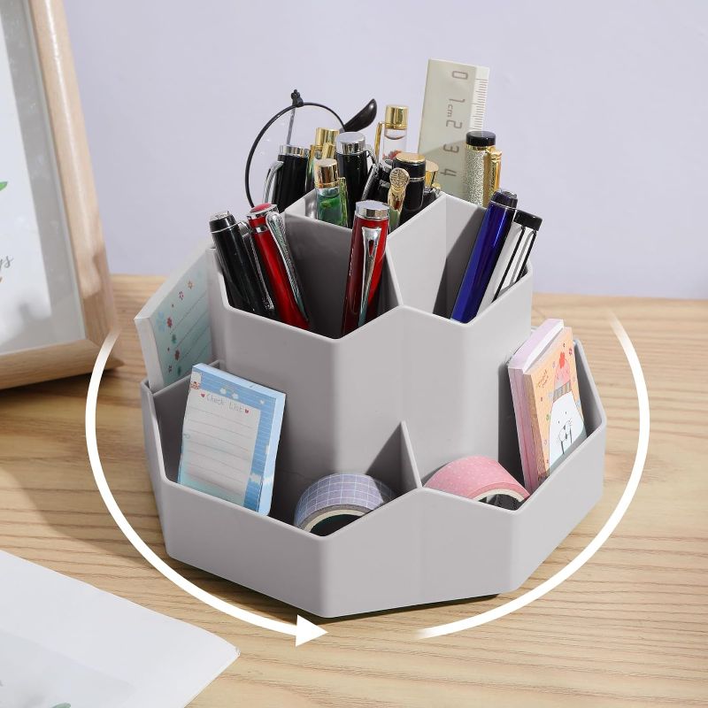Photo 1 of Desktop Organizer with Pencil Holders,360°Rotating Pen Holder for Desk Organizer,9 Compartments and Makeup Brush Holders,Multifunctional Office Supplies for Home,Teachers and School (Gray)

