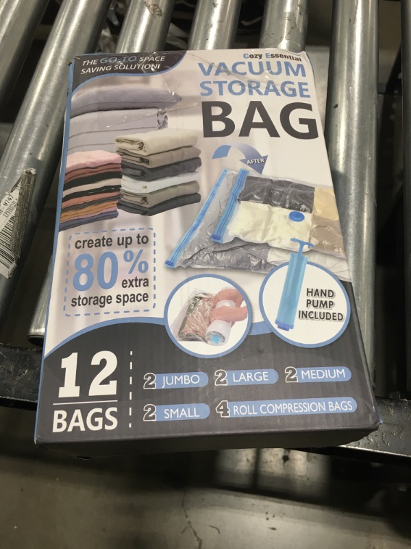 Photo 1 of 12 Pack Vacuum Storage Bags, Space Saver Bags (2 Jumbo/2 Large/2 Medium/2 Small/4 Roll) Compression Storage Bags for Comforters and Blankets, Vacuum Sealer Bags for Clothes Storage, Hand Pump Included