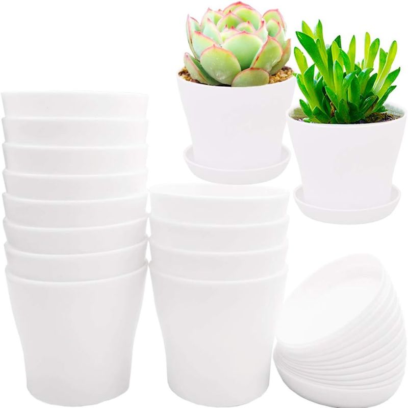 Photo 1 of 12 Pack 4 Inch White Plastic Planters,Round Flower Plant Nursery Pot with Drainage Holes and Tray,Indoor Flower Plant Container for All House Plants,Succulents,Flowers and Cactus
