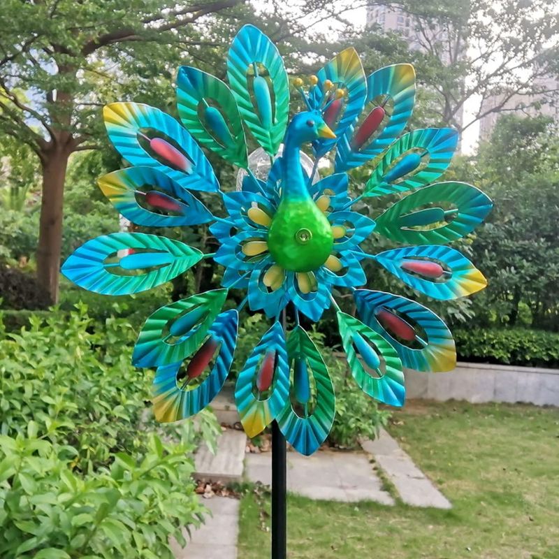 Photo 1 of belupai 79in Double Layer Wind Spinners, Metal Peacock Windmill Spinner with Ground Stake and Solar Light Bulb, Large Wind Sculpture for Outdoor Garden Yard Patio Lawn Decor 