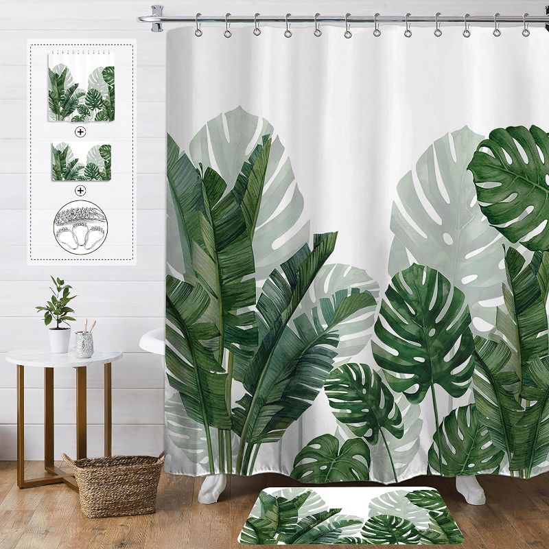 Photo 1 of Baccessor 2 PCS Shower Curtain Set with Rug Green Banana Monstera Leaf Shower Curtain Set Botanical Palm Tree Waterproof Fabric Bathroom Decor 72x72 Inch with Metal Hooks