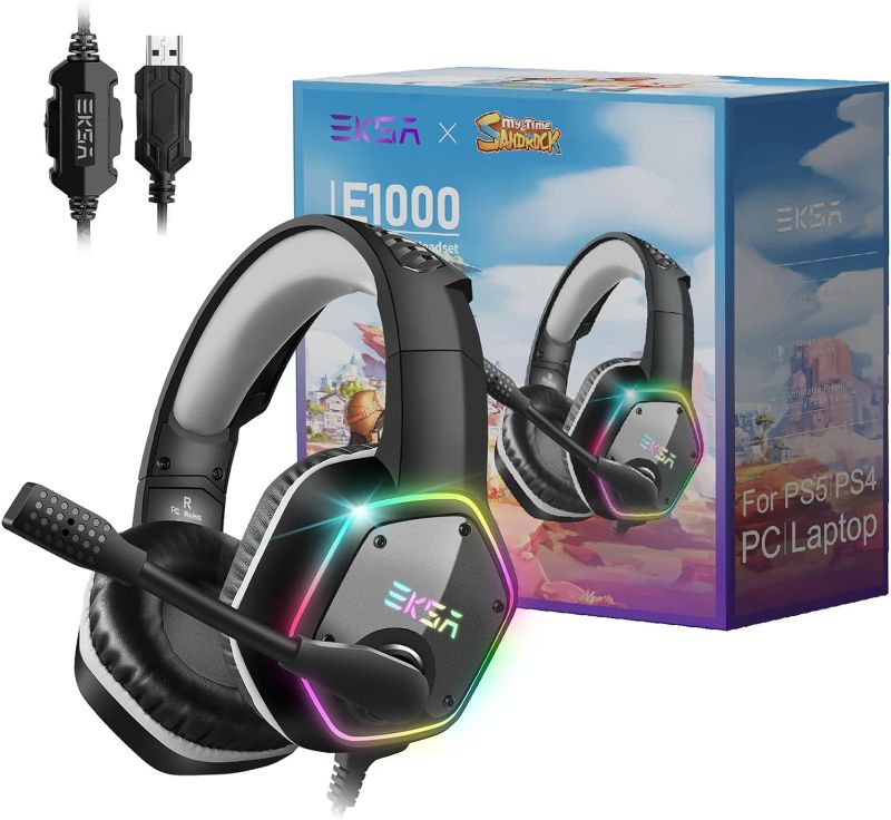 Photo 1 of EKSA Gaming Headset, Noise Canceling Mic & RGB Light, Gaming Headphones Compatible with PC, PS4, PS5, Laptop, Computer (Gray-Sandrock)
