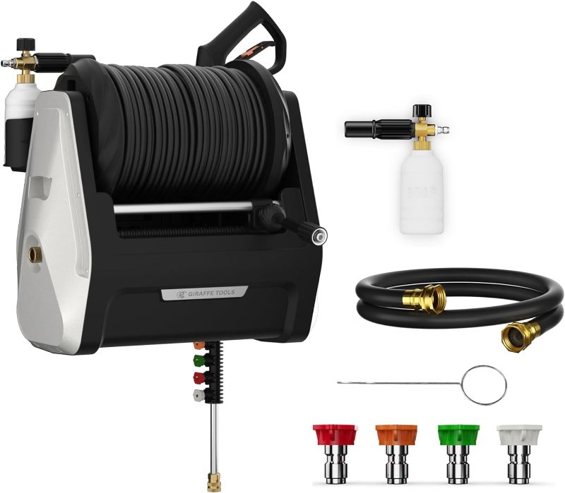 Photo 1 of Giraffe Tools Grandfalls Pressure Washer, Electric Wall Mount Power Washer with 100FT Retractable Reel, 2200PSI, 2.4GPM, 4 Nozzles, Foam Cannon, Spray Gun for Cars/Patios, Light Silver
