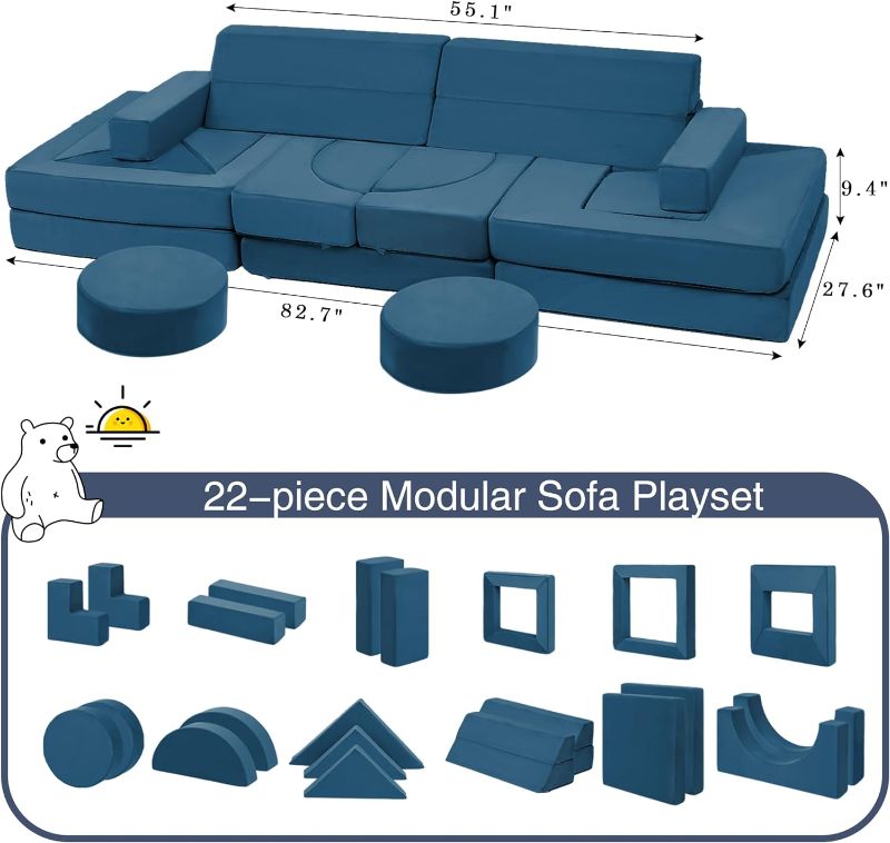 Photo 1 of 22Pcs Modular Kids Play Couch - Kids Couch for Playroom Bedroom Living Rooms Toddler Sofa for Inspiring Child Creativity?Children Convertible Sofa Foam Couch (Blue)
