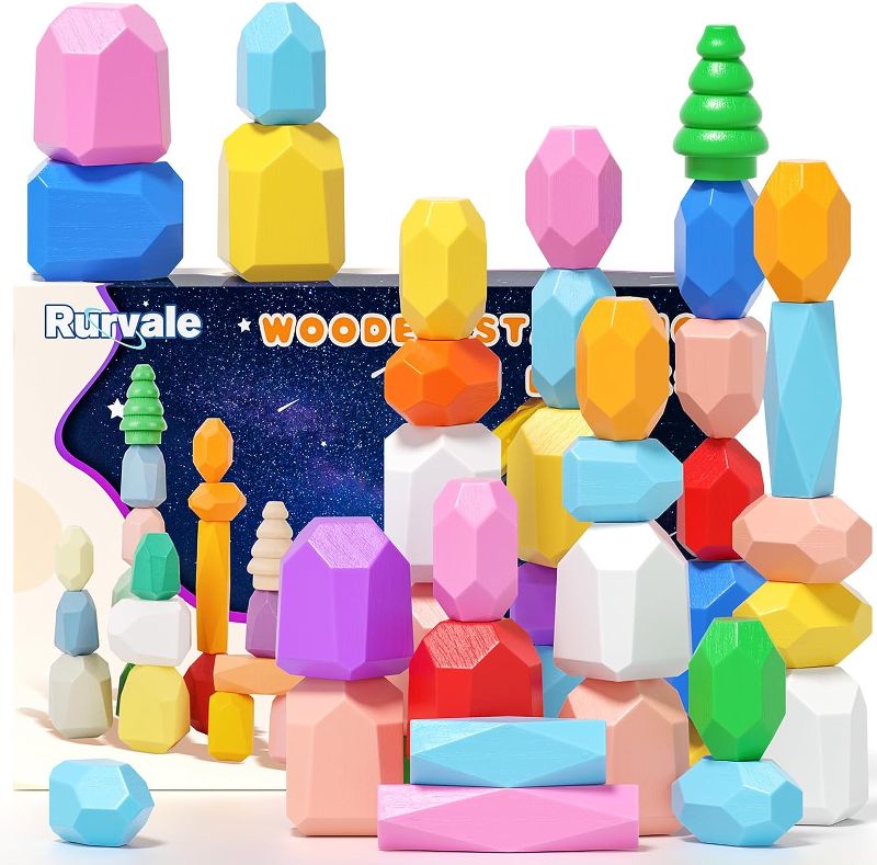 Photo 1 of 40PCS Wooden Stacking Rocks Toys, Montessori Toys for 1 2 3 year old, Stacking toys for Toddlers, Sensory STEM Preschool Learning Building Blocks Toys for Kids age 3-5, Kids Games Gifts for Boys Girls 