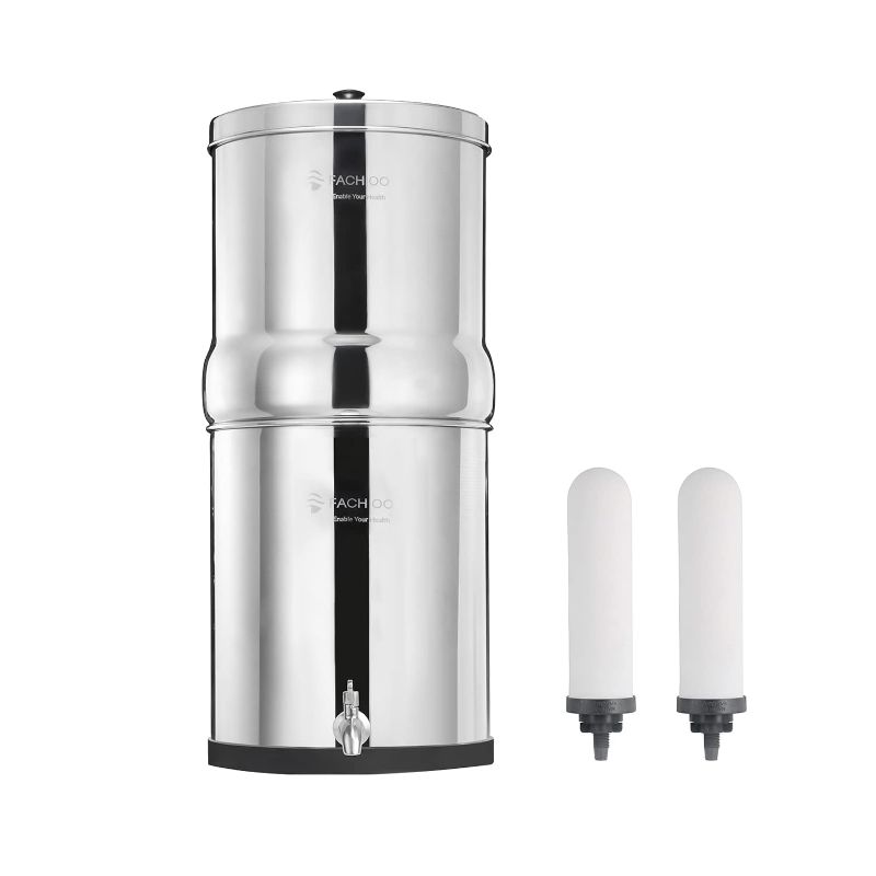 Photo 2 of 2.25 Gallon Stainless Steel Gravity-Fed Water Filter System with 2 White Ceramics Purification Washable Filter, Portable Countertop Filter System for Home and Outdoor Camping Use
