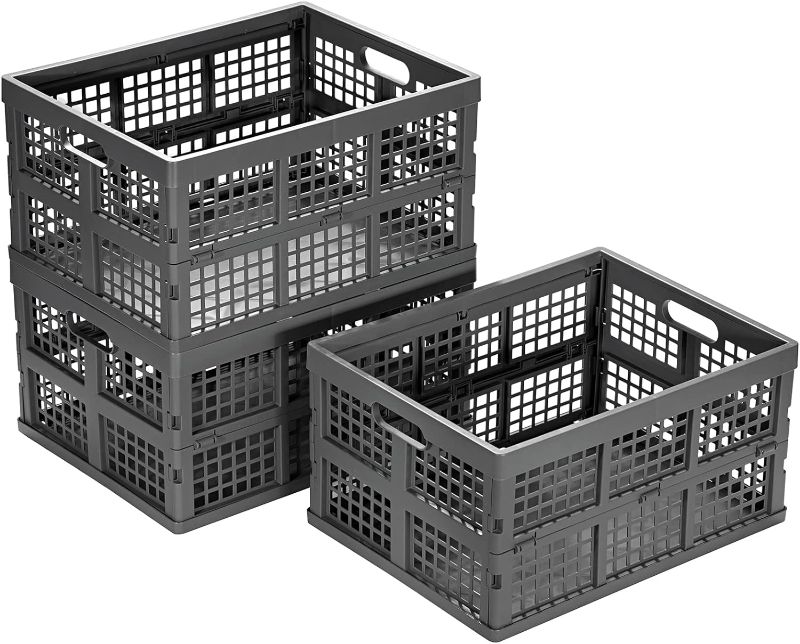 Photo 1 of Eslite 34L Large Plastic Folding Storage Crates,Collapsible Crates for Storage,Pack of 3 (Grey) 