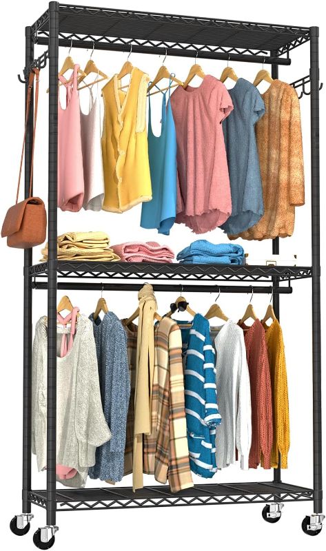 Photo 1 of VyGrow Clothes Rack, Clothes Racks for Hanging Clothes, 3 Tiers Adjustable Closet Organizer System with Wheels | Double Rods | Side Hooks | Load 445lbs | 35.43" L x 15.7" W x 78.34" H | Black 