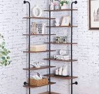 Photo 1 of HOMBAZAAR Bookshelf,10-Tier L Shaped Bookshelf, Industrial Double Wide Wall Mount Shelf, Modern Bookcase with Metal Frame and Wood, Wall Industrial Corner Pipe Shelf for Living Room and Office, Brown