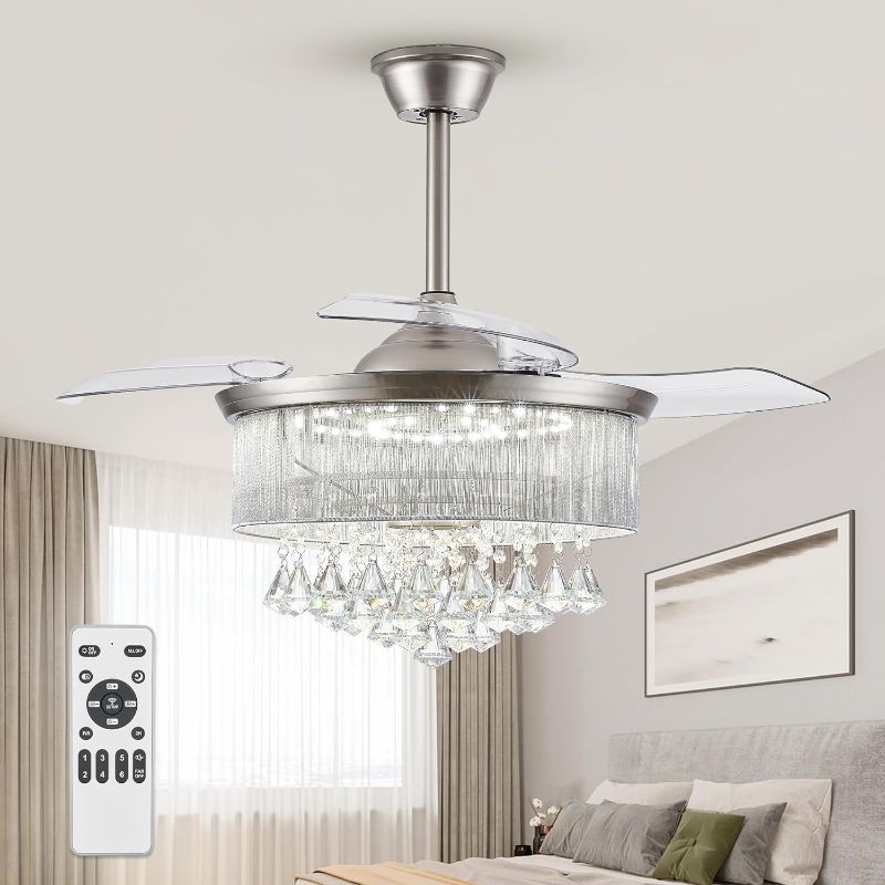 Photo 1 of LEDIARY 42 Inch Chandelier Ceiling Fans with Lights and Remote, Retractable Fandelier Ceiling Fan, Crystal Fan for Bedroom Indoor Decoration, 3 Color Changeable, Dimmable, Timer Setting, Brush Nickel