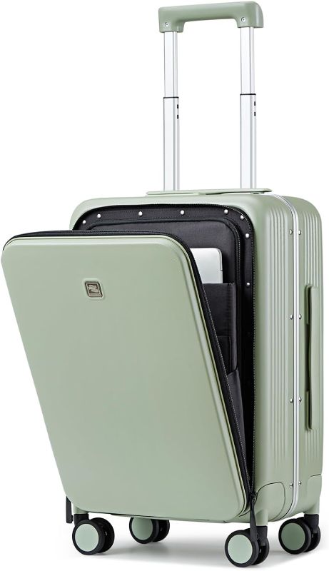 Photo 1 of Hanke 20 Inch Carry On Luggage with Front Pocket Aluminum Frame Hard Shell Suitcases with Wheels TSA Luggage Travel Rolling Suitcase for Weekender?Can Not Open in The Middle?-Bamboo Green
