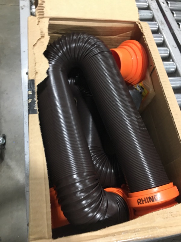 Photo 2 of Camco 20' (39742) RhinoFLEX 20-Foot RV Sewer Hose Kit, Swivel Transparent Elbow with 4-in-1 Dump Station Fitting-Storage Caps Included , Black , Brown 20ft Sewer Hose Kit Frustration-Free Packaging