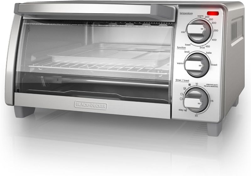 Photo 1 of BLACK+DECKER 4-Slice Toaster Oven, TO1745SSG, Even Toast, 4 Cooking Functions Bake, Broil, Toast and Keep Warm, Removable Crumb Tray, Timer
