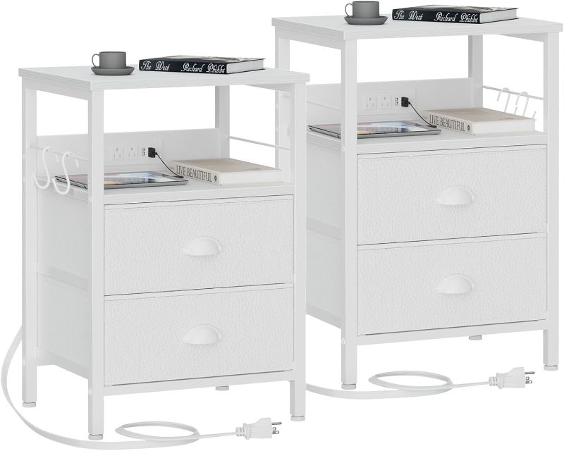 Photo 1 of Furologee Nightstands Set of 2, End Tables with Charging Station and USB Ports, Side Tables with 2 Fabric Drawers, Night Stands with Storage Shelf & 2 Hooks, for Living Room/Bedroom, White
