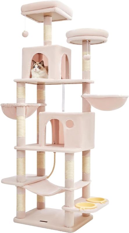 Photo 1 of Taoqimiao 76-Inch Cat Tree Cat Tower for Indoor Cats, Plush Multi-Level Cat Condo with 12 Scratching Posts, 2 Perches, 2 Caves, Hammock, 2 Pompoms MS016P Jelly Pink
