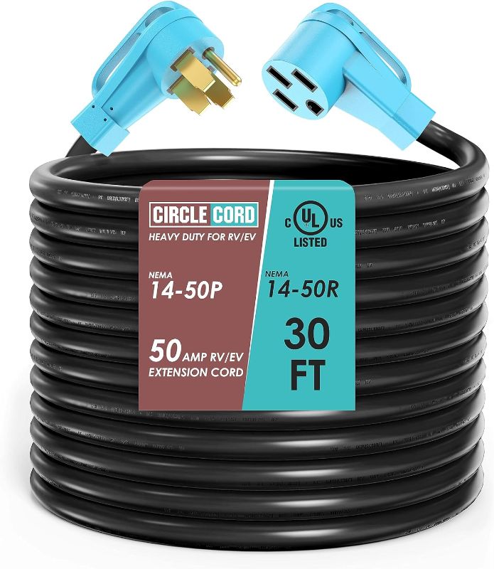 Photo 1 of CircleCord UL Listed 50 Amp 30 Feet RV/EV Extension Cord, Heavy Duty 6/3+8/1 Gauge STW Wire, NEMA 14-50P/R Suit for Tesla Model 3/S/X/Y EV Charging and RV Trailer Campers
