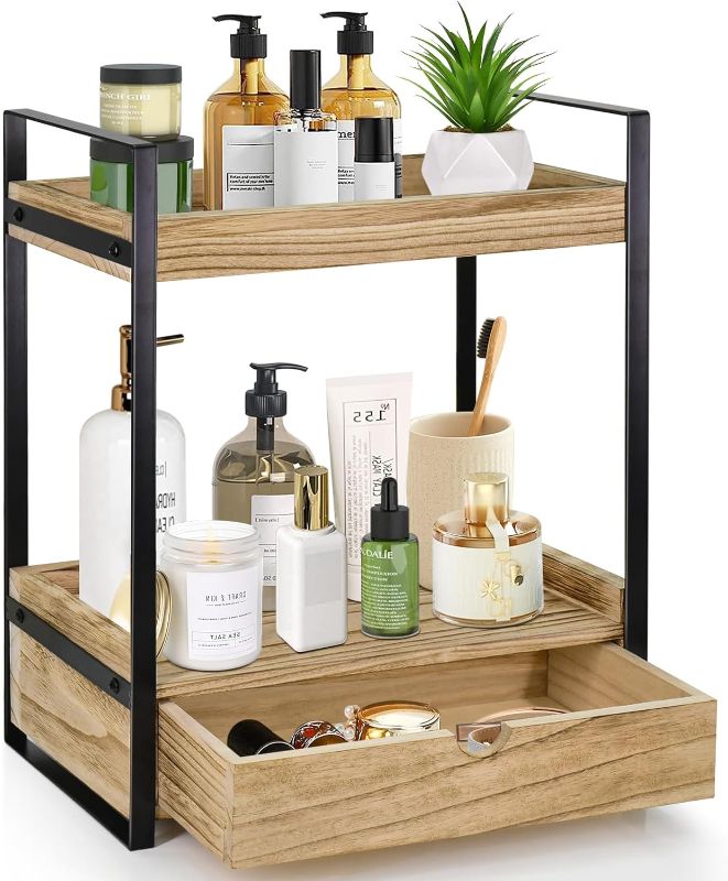 Photo 1 of 2-Tier Bathroom Organizer Countertop with Drawer, Wood Counter Shelf for Bathroom Storage, Vanity Tray for Bathroom Organization and Decor, Countertop Organizer for Bathroom, Kitchen, Office (Brown)
