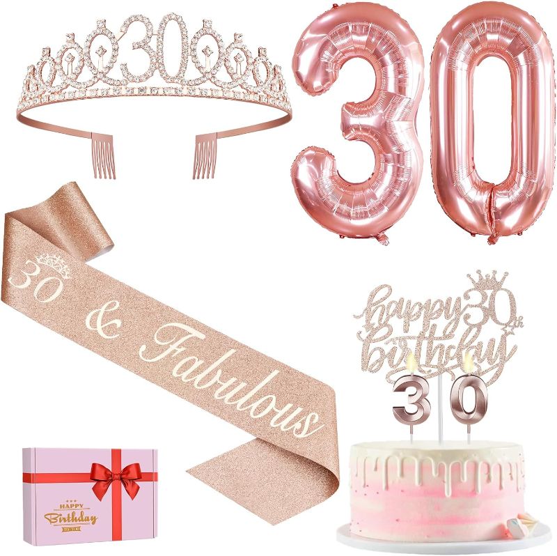 Photo 1 of 30th Birthday Decorations for Her, Including 30th Birthday Sash and Tiara, Cake Topper and Candles, Number 30 Balloons, 30th Birthday Decorations Women, 30th Birthday Gifts for Women 