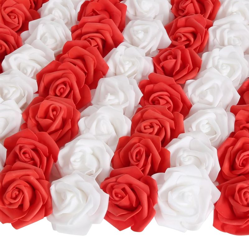 Photo 1 of 
Roll over image to zoom in







INSUNSIX 100pcs White Artificial Rose Flower Heads, 3inch Red Foam Roses Bulk Stemless Fake Flower Heads for DIY Crafts,Cake Decoration Wedding,Baby Shower Flower Centerpieces(White&Red)