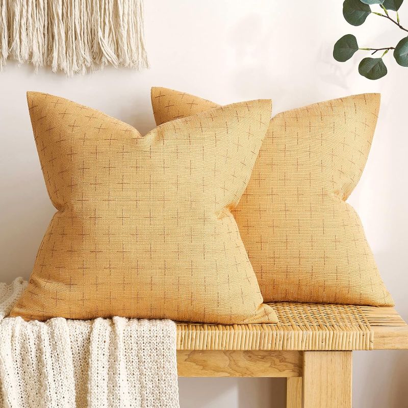 Photo 1 of MIULEE Pack of 2 Decorative Burlap Linen Throw Pillow Covers Modern Farmhouse Pillowcase Rustic Woven Textured Cushion Cover for Sofa Couch Bed 18x18 Inch Mustard Yellow
