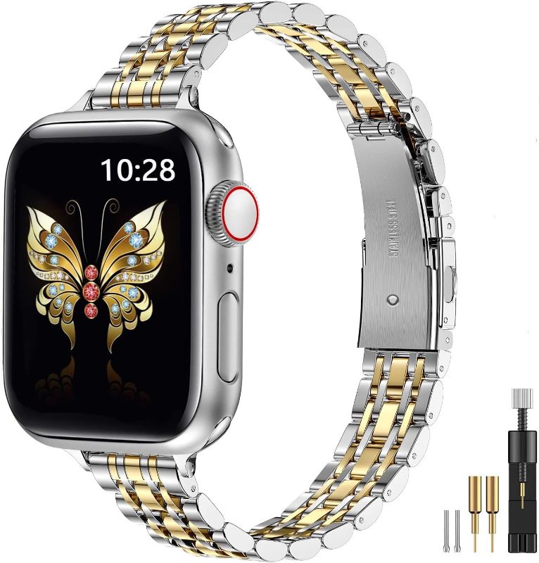 Photo 1 of MioHHR Slim Metal Band Compatible with Apple Watch Band 41mm 40mm 38,mm,Dressy Stainless Steel Chain Strap for Women iWatch Bands Series 9 8 7 6 5 4 3 2 1 SE,Silver/Gold