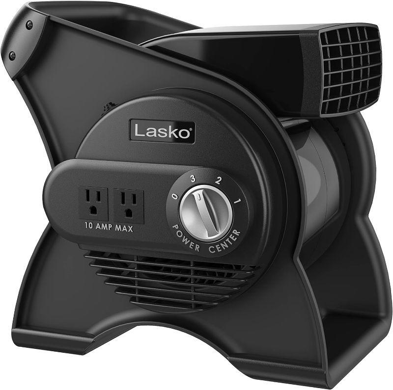 Photo 1 of Lasko High Velocity Pivoting Utility Blower Fan, for Cooling, Ventilating, Exhausting and Drying at Home, Job Site, Construction, 2 AC Outlets, Circuit Breaker with Reset, 3 Speeds, 12", Black, U12104
