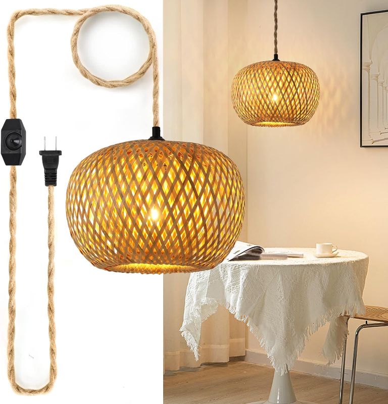 Photo 1 of AUA Plug in Pendant Lighting with Cord, Dimmer Switch Hand Woven Bamboo Hanging Lamp, Boho Wicker Rattan Hanging Lights with Plug in Cord for Living Room Dining Room Kitchen Island Bedroom
