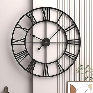 Photo 1 of 20” Mute Retro Wall Clock, Roman Numerals Art Creative Clock Vintage Silent Metal Clock Industrial Gear Clock, Indoor Black Non Ticking Large Round Decorative Clock for Living Room, Kitchen, Home
