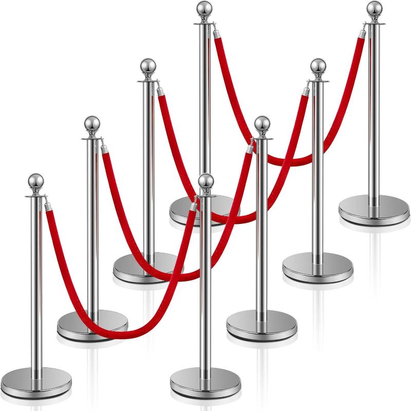 Photo 1 of Stainless Steel Stanchion Post Queue 5 ft Red Velvet Rope Red Carpet Ropes and Poles Crowd Control Barriers Sand Injection Hollow Base and Velvet Ropes Set for Party Supplies (8 Pieces, Silver)
