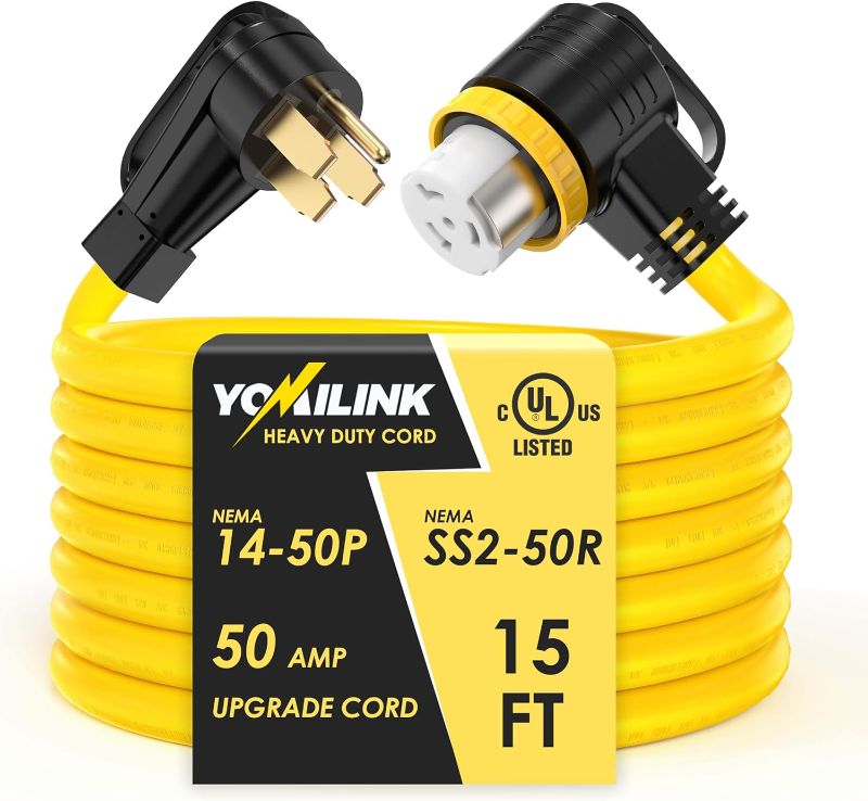 Photo 1 of YOMILINK 15 Feet 50 Amp RV/Generator Cord, Locking Connector, UL Listed, NEMA 14-50P to SS2-50R Twist Locking, Newly Designed 90°Grip Handle, 6/3+8/1 Gauge STW Wire
