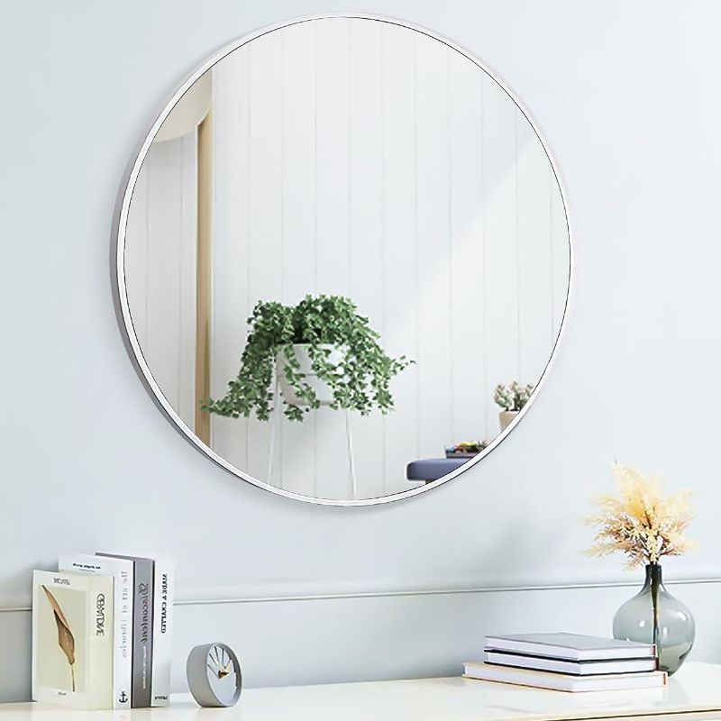 Photo 1 of SCWF-GZ 20" Round Mirror Circle Wall Mounted Hanging or Against Wall Metal Frame Dressing Make-up Mirrors for Entryway Bedroom Bathroom Living Room 20 inch Silver
