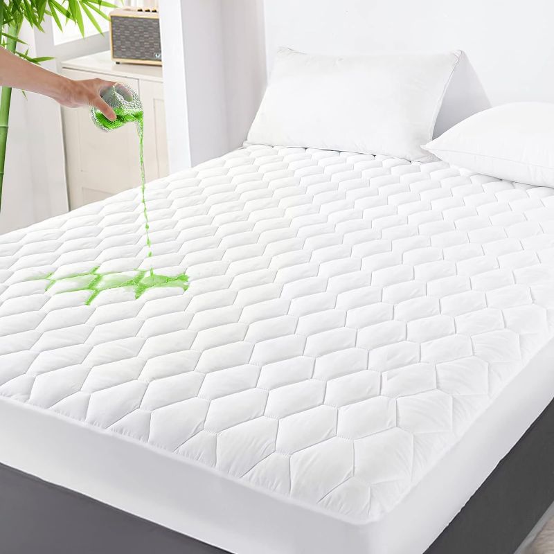 Photo 1 of GRT Twin Mattress Protector Waterproof, Rayon from Bamboo, Cooling Quilted Fitted Mattress Pad, Noiseless Waterproof Mattress Cover, fits up to 18" Deep, Dust Proof White 