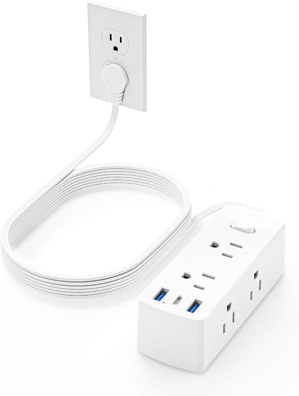 Photo 1 of Flat Extension Cord 10ft, Olcorife Flat Plug Power Strip with 6 Outlets 3 USB Ports(1 USB C), 3-Side Outlet Extender Surge Protector for Home Office Dorm Room Essentials, White