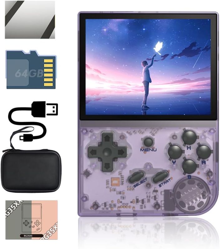 Photo 1 of RG35XX Handheld Game Console 3.5 inch IPS Retro Games Consoles Classic Emulator Hand-held Gaming Console Preinstalled Hand Held Video Games System with Portable Case 64GB Transparent Purple 