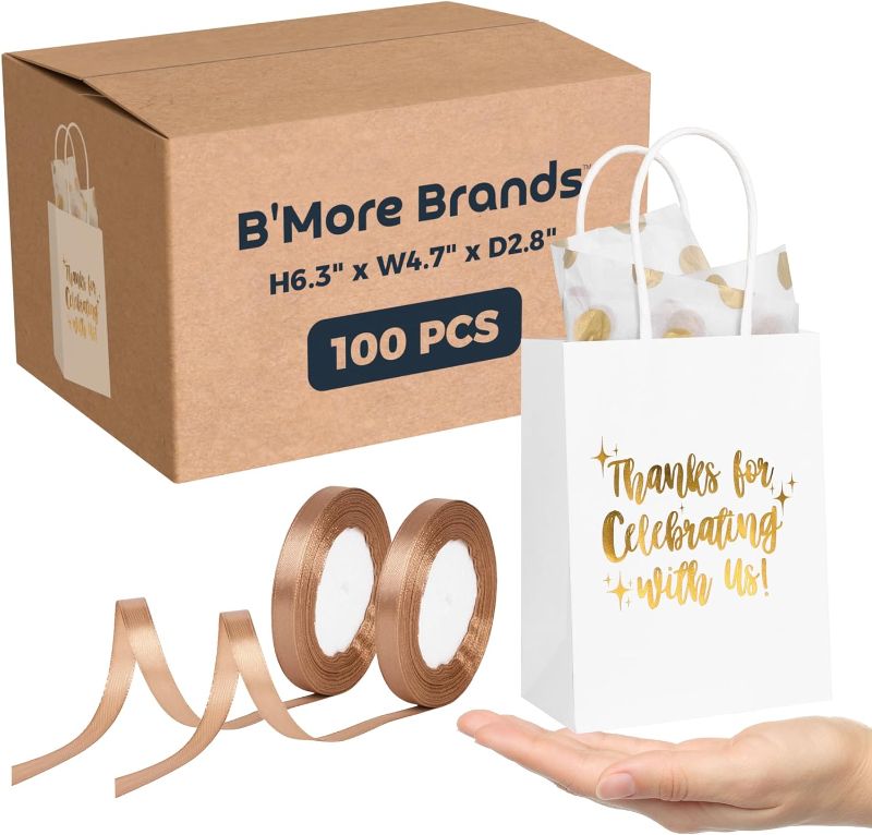 Photo 1 of 100-Pack Small White Paper Party Favor Bags - White & Gold Foil Gift Bags for Wedding Favors Guests, Thank You Bags for Business, Bulk Gift Bags with Handle - 6.3"x4.7"x 2.8"