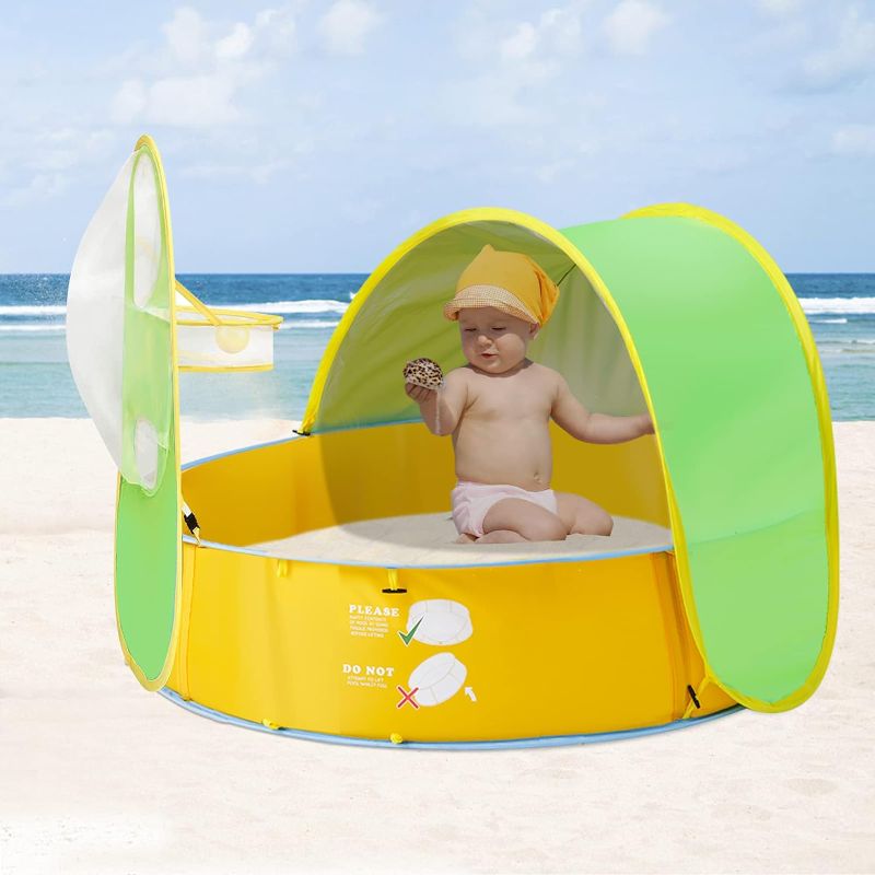 Photo 1 of FBSPORT Baby Beach Tent, Ball Pit Tent Paddling Pool for Kids, Baby Play Pool Tent, 50+ UPF Protection Sun Shade with Basketball Hoop- Balls Not Included