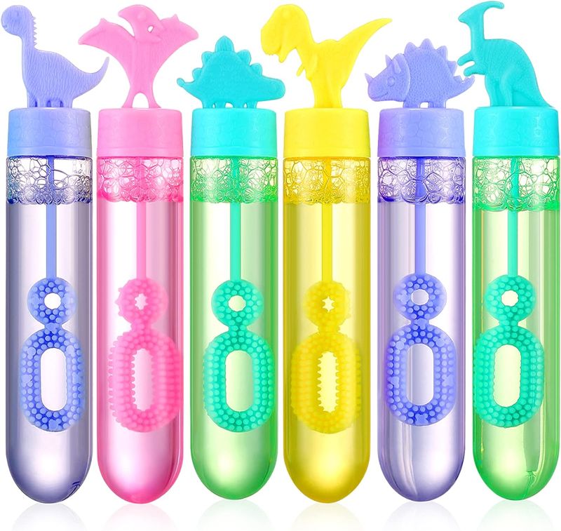 Photo 1 of EUOCENK 24Pcs Dinosaur Bubble Wands, Mini Bubbles Bulk Party Favors for Kids, Dinosaur Birthday Party Supplies Outdoor Gifts, Goodie Bags Filler Stuffers, Prize Boxes, Toddlers Fun Toys for Boys Girls