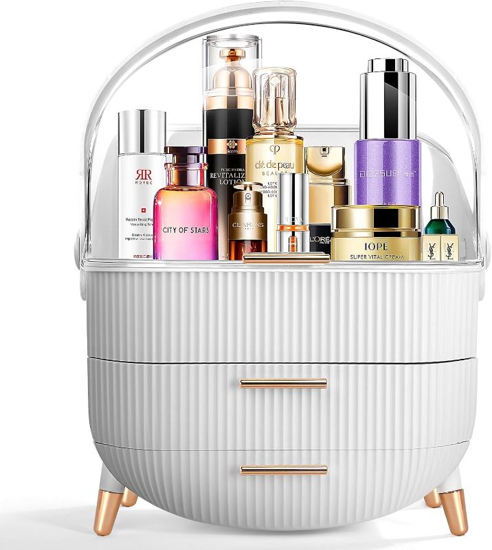Photo 1 of YITONGDA Portable Cosmetics Storage Box, Makeup Organizer for Vanity,Preppy Skin Care Caddy for Bathroom,Dresser Countertop,Dormitory,Cosmetic Display Rack(White).
