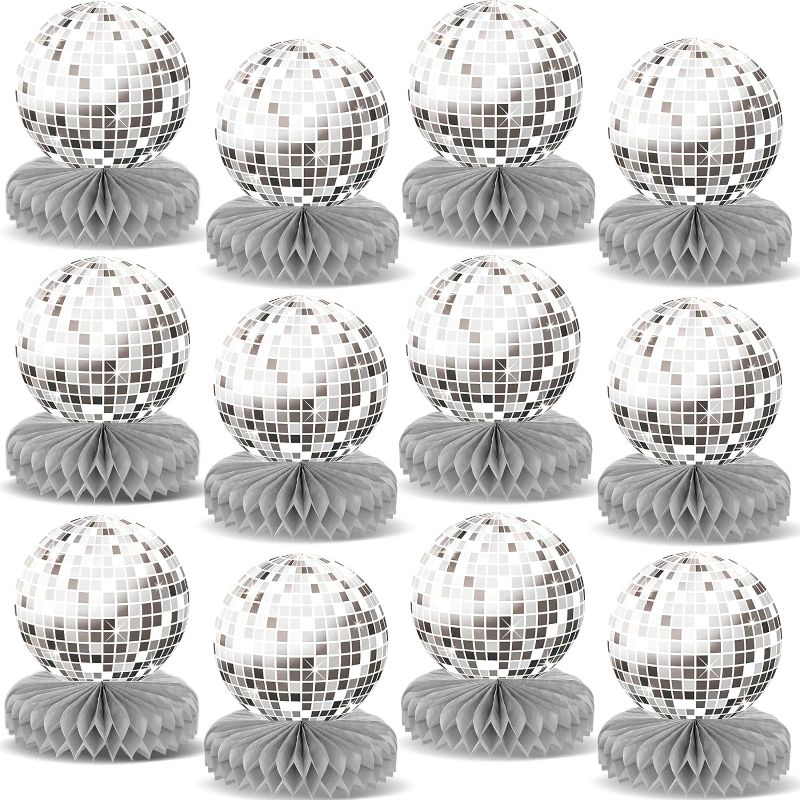 Photo 1 of 12PCS Disco Theme Party Honeycomb Centerpieces for 70s Birthday Party Decorations 70s Disco Party Table Toppers Disco Ball Party Table Centerpieces for Silver Disco Back To 70s Party Supplies Favors