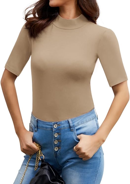 Photo 1 of HWOKEFEIYU Women's Casual Basic Mock Neck Half Sleeve Ribbed Knit Shirts Top SIZE S 
