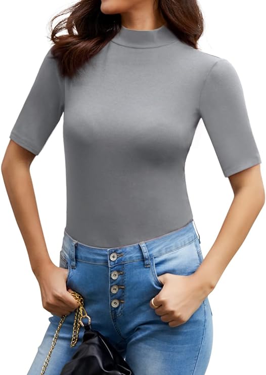 Photo 1 of HWOKEFEIYU Women's Casual Basic Mock Neck Half Sleeve Ribbed Knit Shirts Top SIZE M
