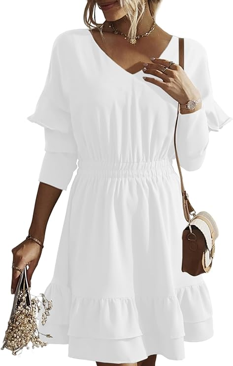 Photo 1 of Dokotoo Womens Dresses 2023 Casual V-Neck Ruffle Long Sleeve A Line Swing Skater Mini Dress SIZE L 
