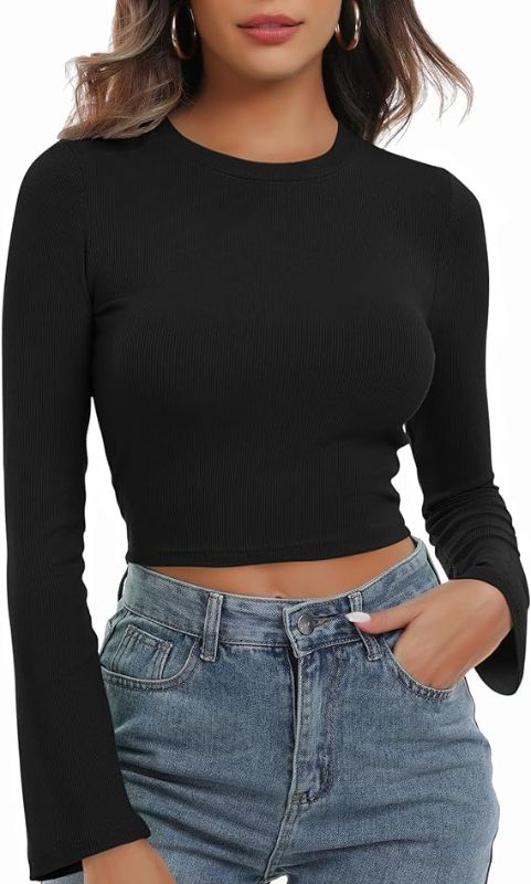 Photo 1 of Womens Basic Ribbed Crop Tops Flare Long Sleeve Stretch Slim Fitted Pullovers Tee SIZE XXL
