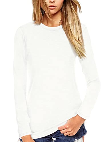 Photo 1 of Beluring Women Tshirts Plain Basic Long Sleeve Shirt Crew Neck Tops (White S)
