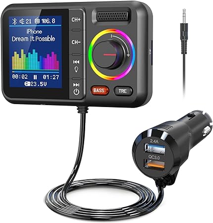 Photo 1 of Nulaxy Bluetooth FM Transmitter for Car, Wireless Car Bluetooth Adapter V5.0 with Big Color Screen, Support QC3.0 Fast Charging, Hands-Free Call, MP3 Music Player BASS&TRE Booster, TF Card/AUX-KM28
