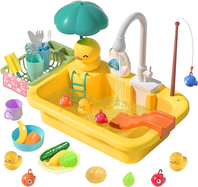 Photo 1 of CUTE STONE Play Sink with Running Water, Kitchen Sink Toys with Play Food and Kitchen Utensils, Pool Floating Toys for Fishing Game, Children Role Play Electric Dishwasher Toy Gift for Boys Girls
