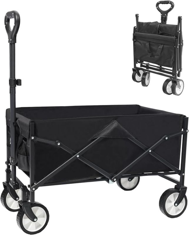 Photo 1 of Collapsible Folding Outdoor Utility Wagon, Beach Wagon Cart with All Terrain Wheels & Drink Holders, Portable Sports Wagon for Camping, Shopping, Garden and Beach 
