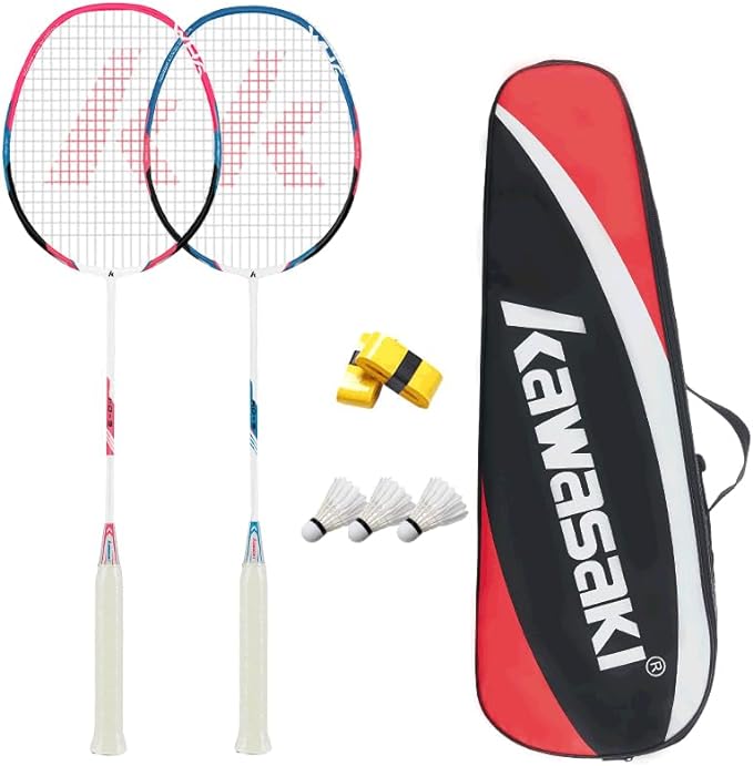 Photo 1 of Kawasaki Badminton Set Professional Graphite Badminton Racket Lightweight & high Performance for Sports, Training and Entertainment Including 3 Badminton shuttlecocks & 2 overgrips & Carrying Bag
